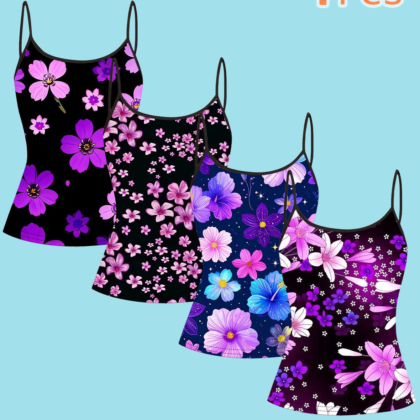 TEMU Plus Size, 4pcs Plus Size Purple Floral Print Camisole Tops For Women, Slim Fit Sleeveless Tank Tops With Thin Straps, European And American