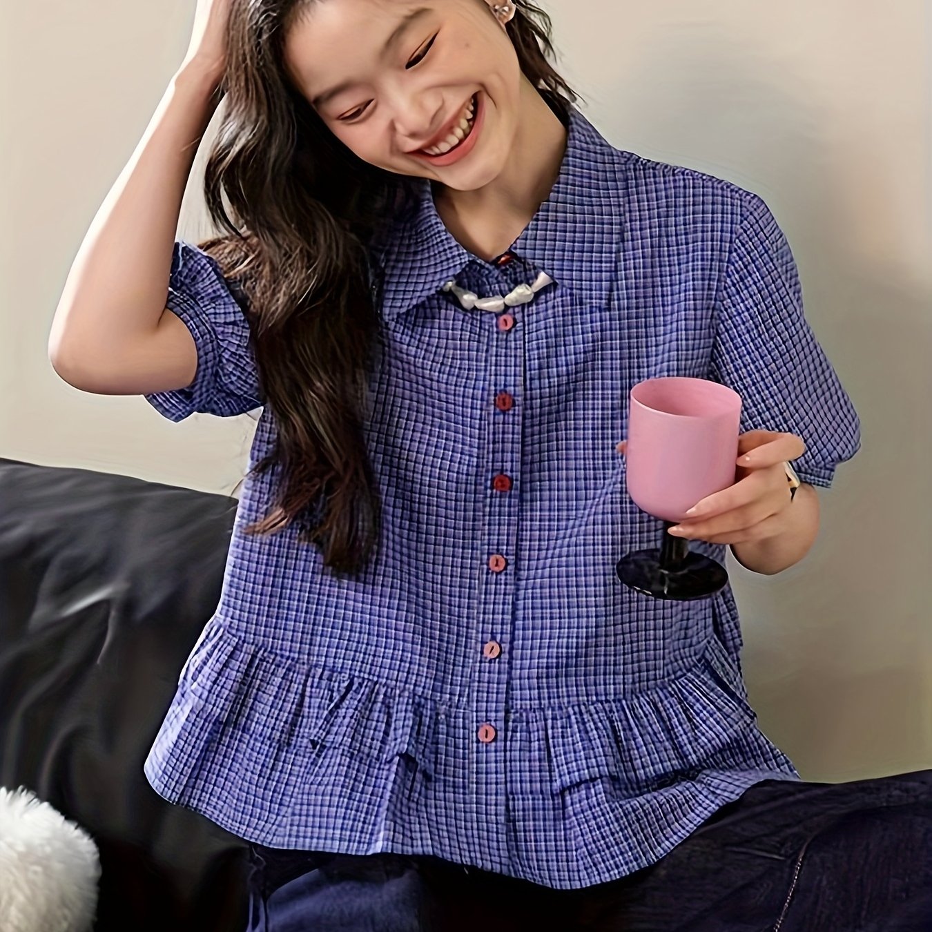 TEMU Women's 2025 Summer Casual Blue Checkered Sleeve Shirt - Loose Fit Short Sleeve Button-up Top With Classic Collar, Machine Washable For