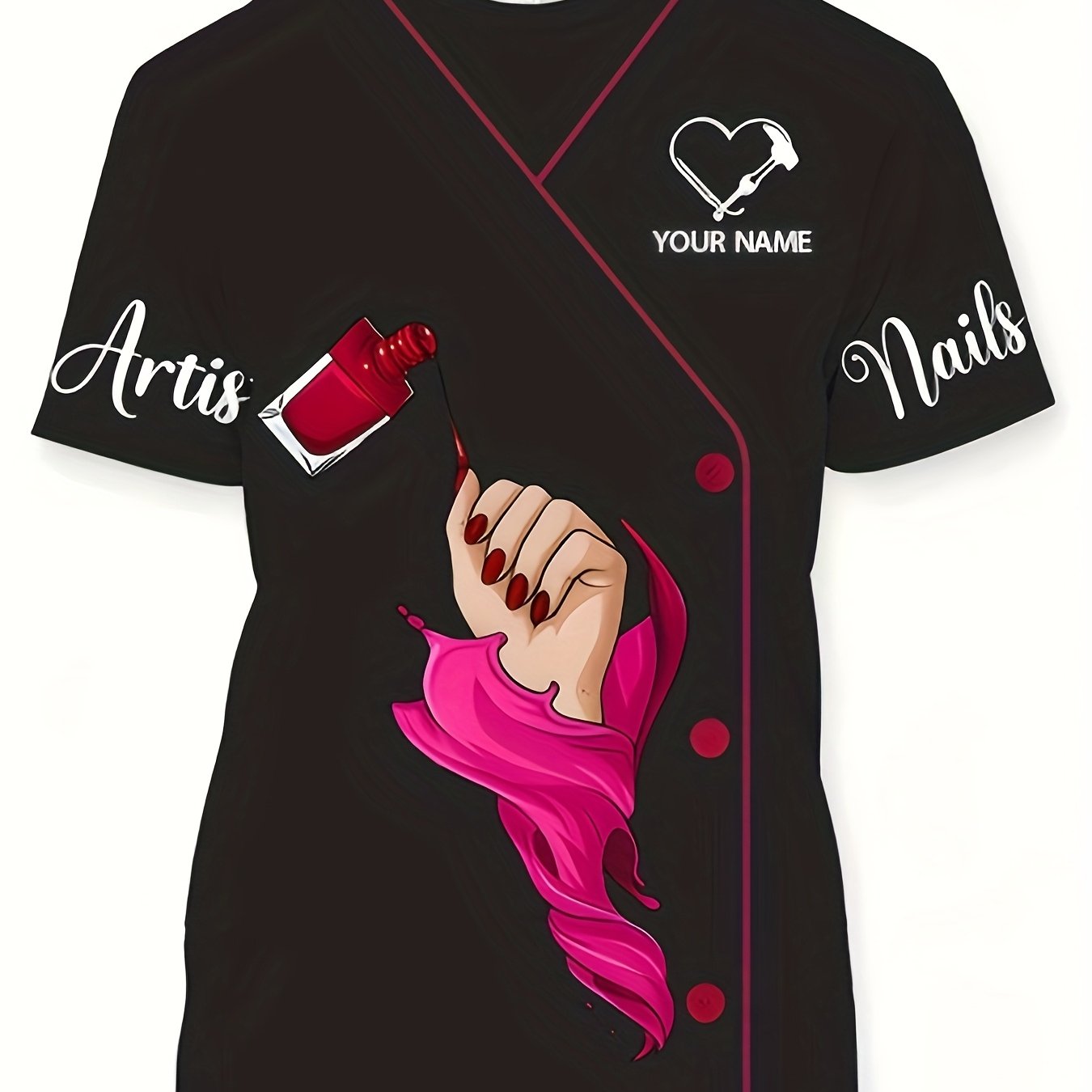 TEMU Highlighting The Characteristics Of Art : A Short-sleeve Shirt Featuring A Design Of A Nail Technician Applying Polish To A Hand, A Red Polish