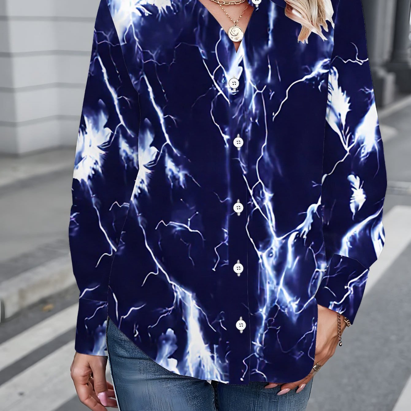 TEMU Plus Size, Plus Size Women's Long Sleeve Shirt, Lightning Print Shirt, Midi-length Women's Shirt With Elements, Blue-black Iridescent Casual