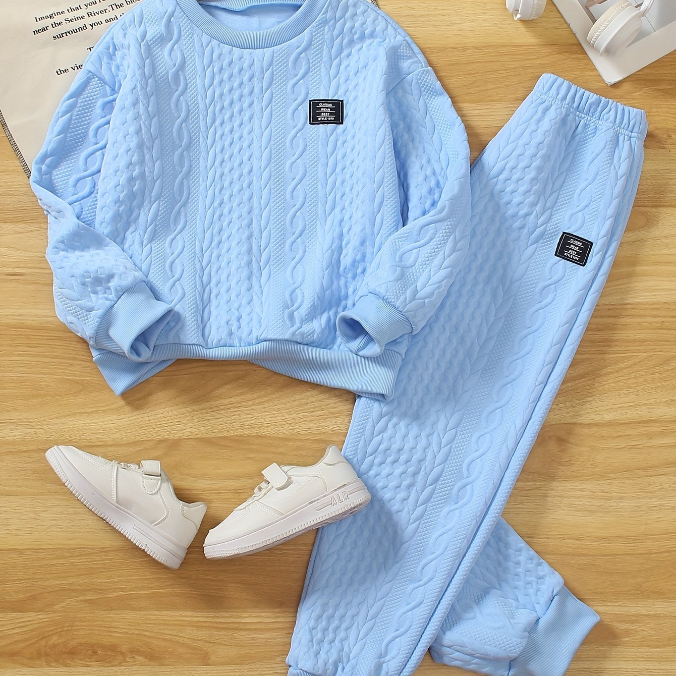 Image of Girls' Two-piece Set: Solid Color Striped Round Neck Long Sleeve Top + Solid Stripe Regular Fit Ankle-length Pants Autumn Casual Outfit, Perfect For Outdoor,christmas,halloween