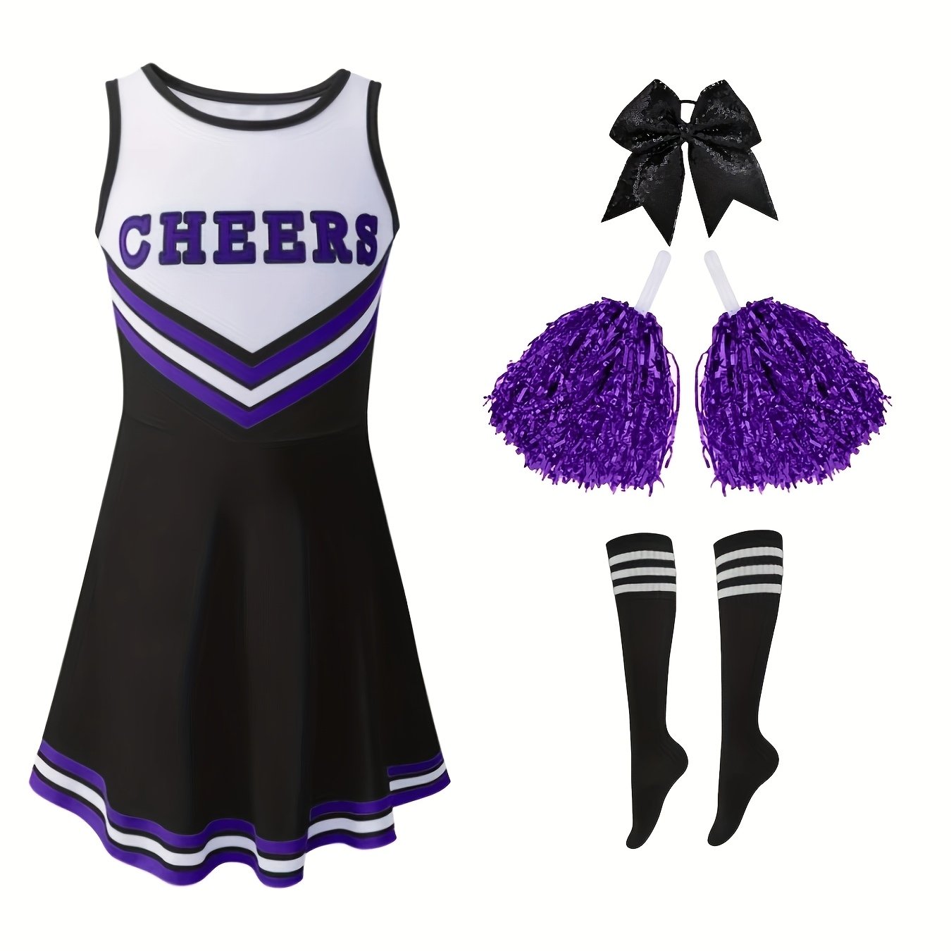 Image of Girls' Black Cheerleading Dress Set With Bow Scrunchie, Cheer Pompoms And Socks, Ideal For Party, Sports And Outdoor Children's Performances