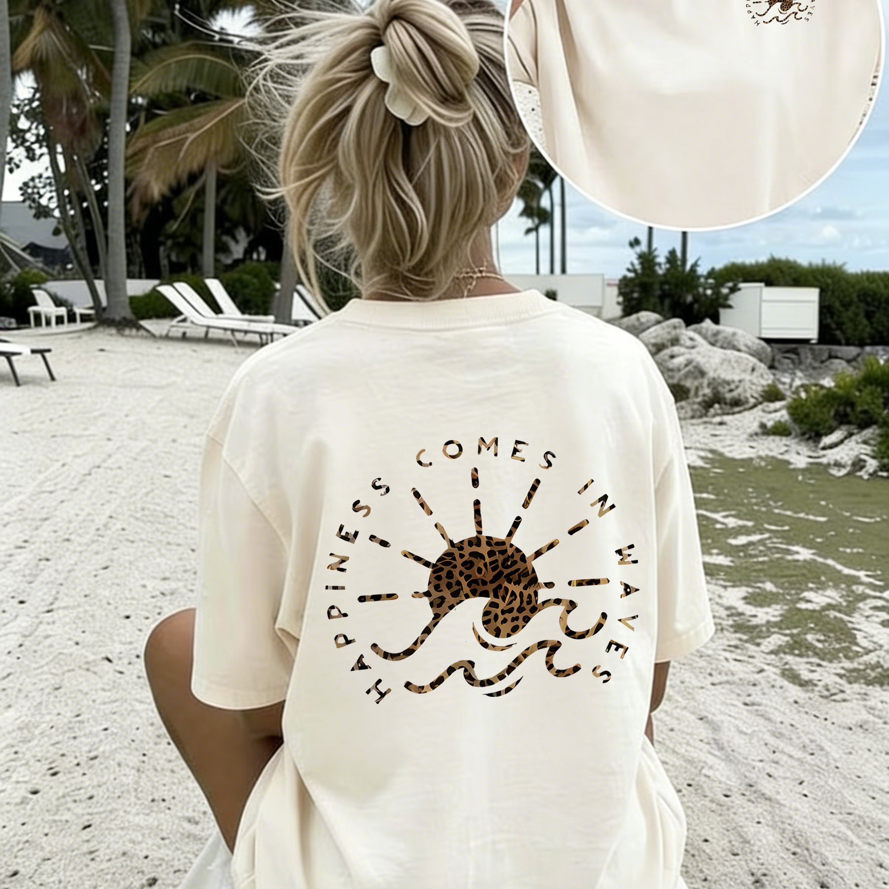 TEMU Women'-sided Print Crew Neck T-shirt, "happiness " Leopard Print Graphic Tee, Casual Short Sleeve Comfortable Top For Summer, Beach Lovers And