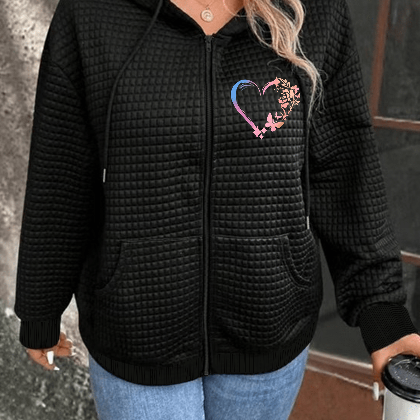 TEMU Plus Size - Plus Size - New Stylish And Comfortable Waffle Women's Clothing, Zip-up Hooded Casual Thin Jacket For Women, Casual Thin Outerwear