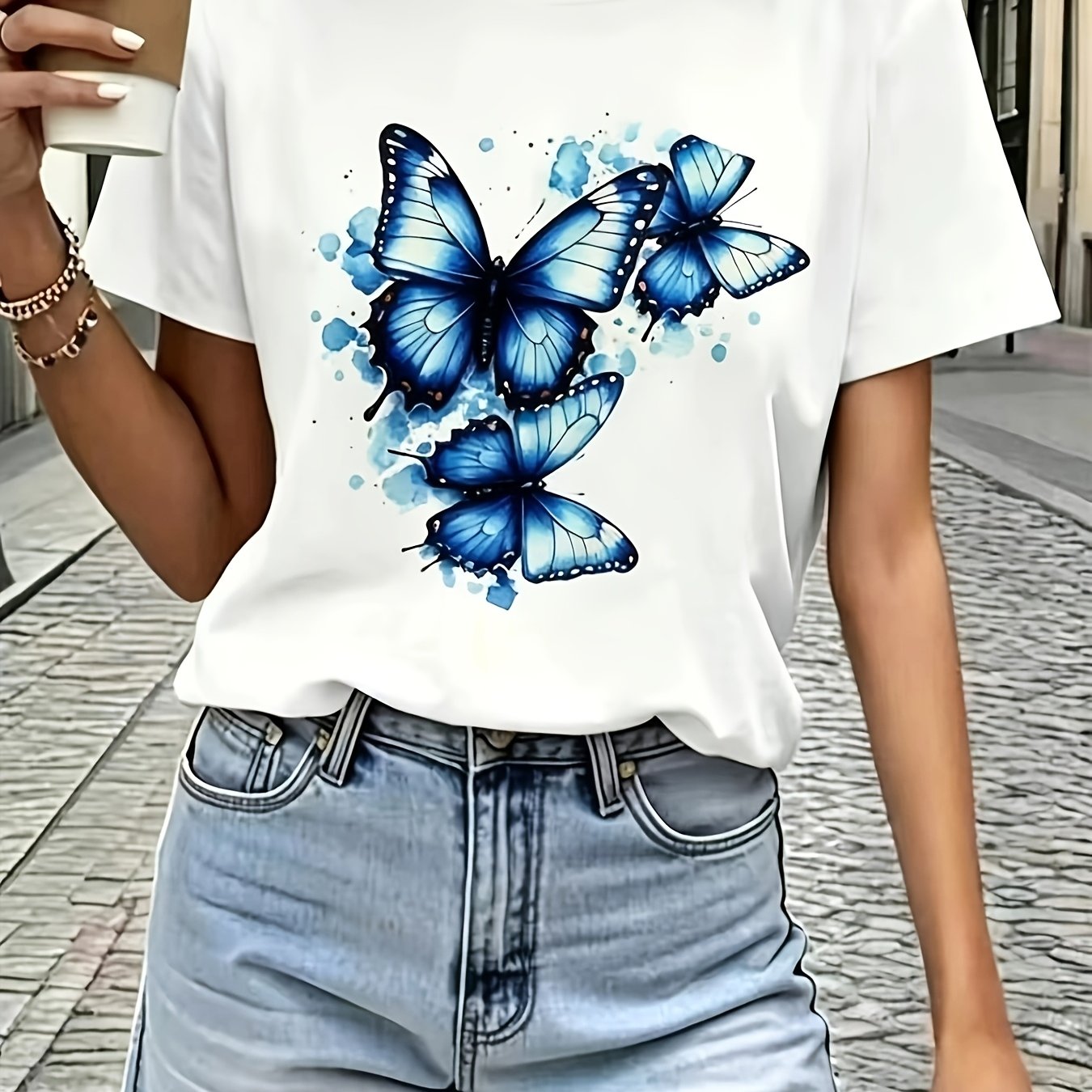 TEMU Watercolor Effect Blue Printed White Women's T-shirt, Short Sleeve Crew Neck Casual Top, Multiple Sizes , Comfortable Summer Wear Perfect For