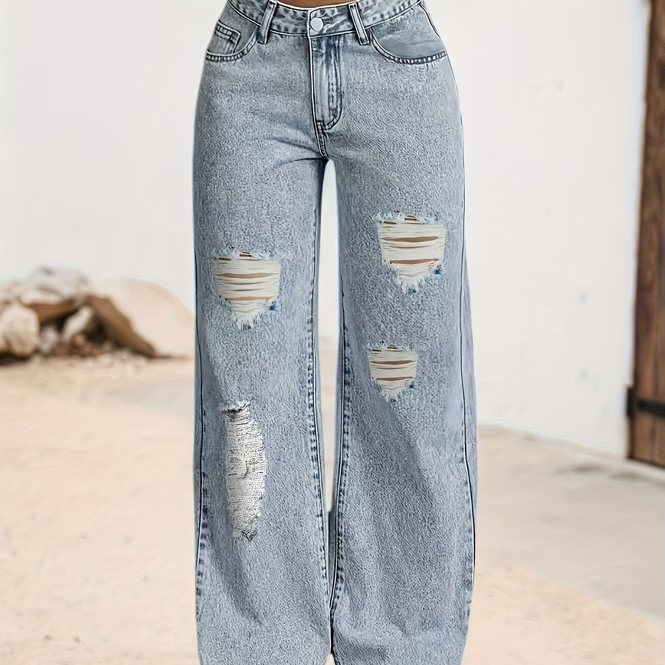 Women's Stretchy Distressed Jeans - Non-see-through Stretchy Pants With Built-in Frayed Hem, Everyday & Formal Outfits - Casual To Formal Wear, Versatile Clothing, , , Stylish Bottoms