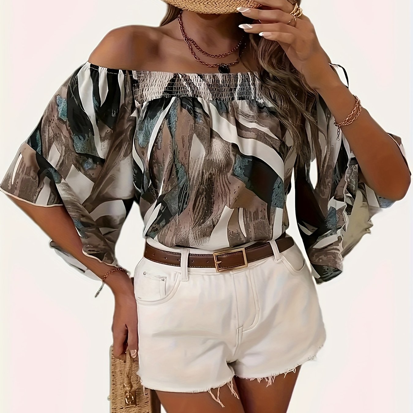 TEMU Allover Print Off Shoulder Blouse, Casual Blouse For , Women's Clothing