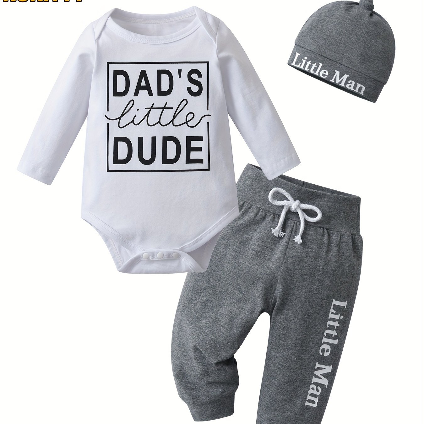 TEMU Kukitty Baby Boy Clothes Set Newborn Long Sleeve "dad's " Print Tops Pants Hat Infant Boys 3pcs Outfit Sets, For Outdoor