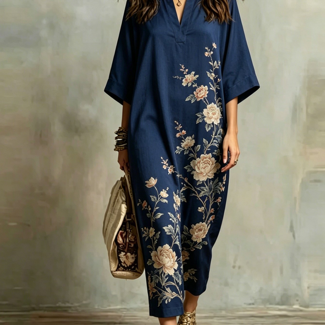 Plus Size - Navy Light Pink Peony Branch Print Lapel -sleeve Loose Maxi Dress, -friendly New Chinese Retro Vacation Casual Long Dress Perfect Gift Pick