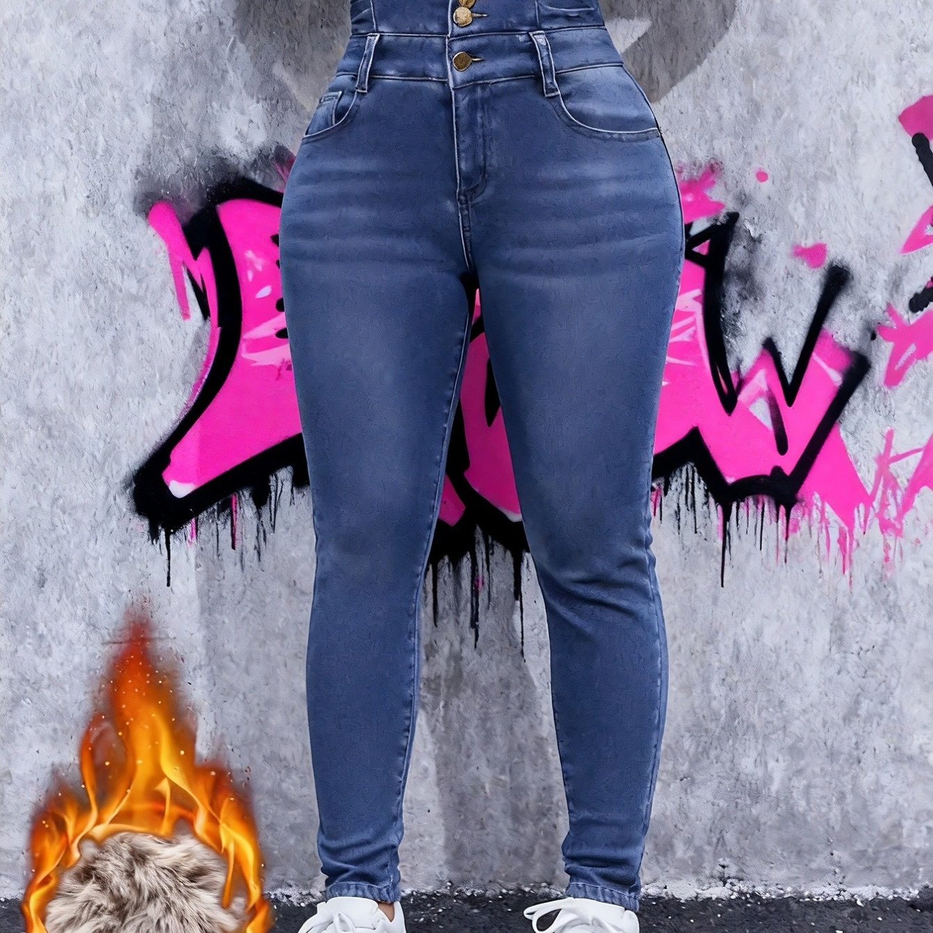 TEMU Women's Jeans With Fleece - Designed For Winter With A Multi-button Fastening. Enhances Your Rear And Your Midsection. Suitable For Machine
