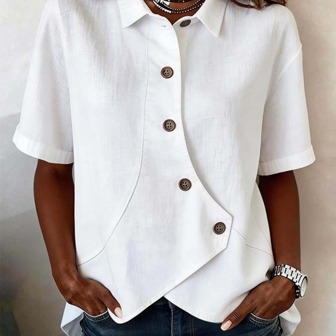 TEMU New Elegant Women' Color Irregular Top, Ladies' Fashionable Short-sleeve Lapel Shirt, Pretty Blouses For Women, Commuting Clothing For Ladies,