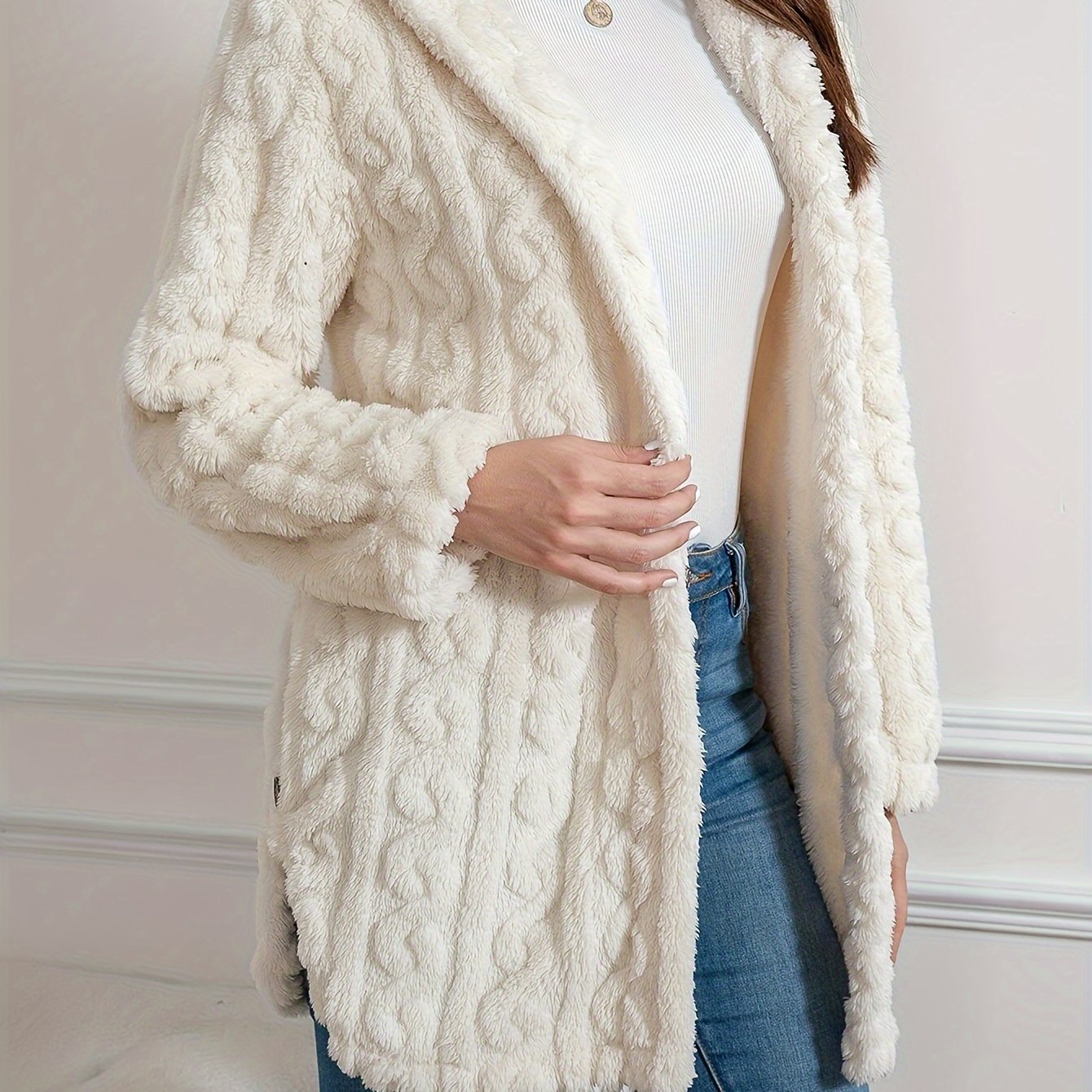Elegant Polyester Fleece Hooded Jacket - Solid Color Knit Fabric Women's Fluffy Coat For Fall/winter