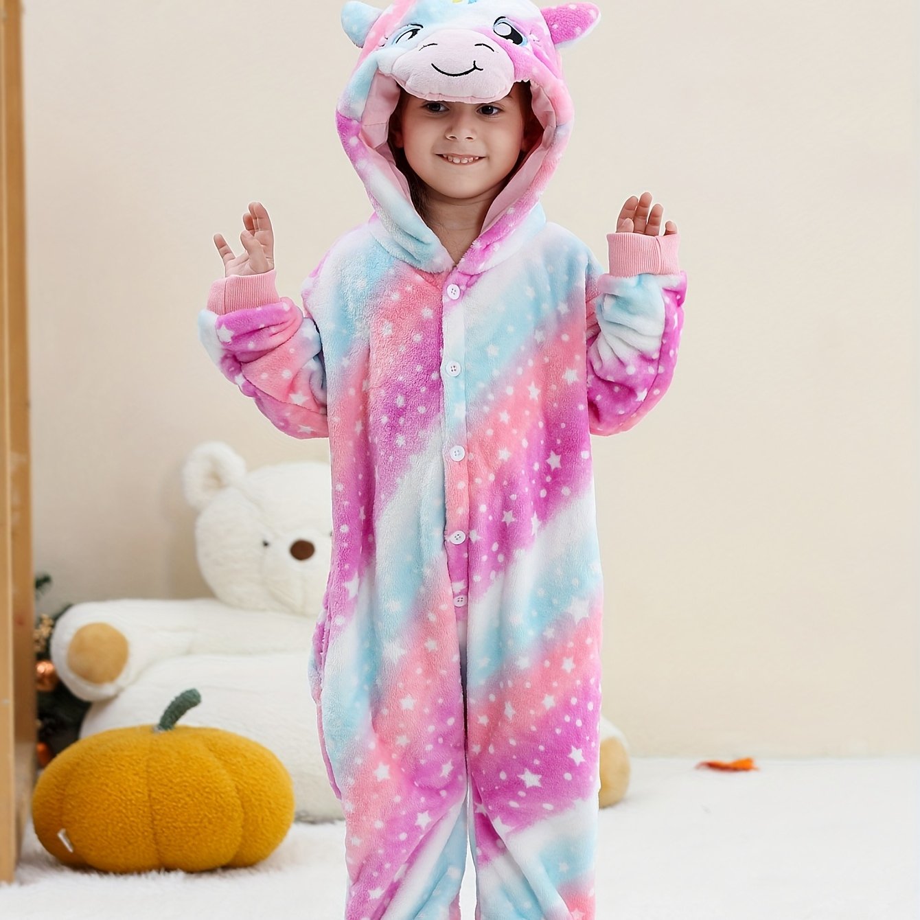 Image of Children's Starry Sky Unicorn Bodysuit, Adorable Hooded Romper, Flannel Outfit For Kids, Perfect For Autumn And Winter
