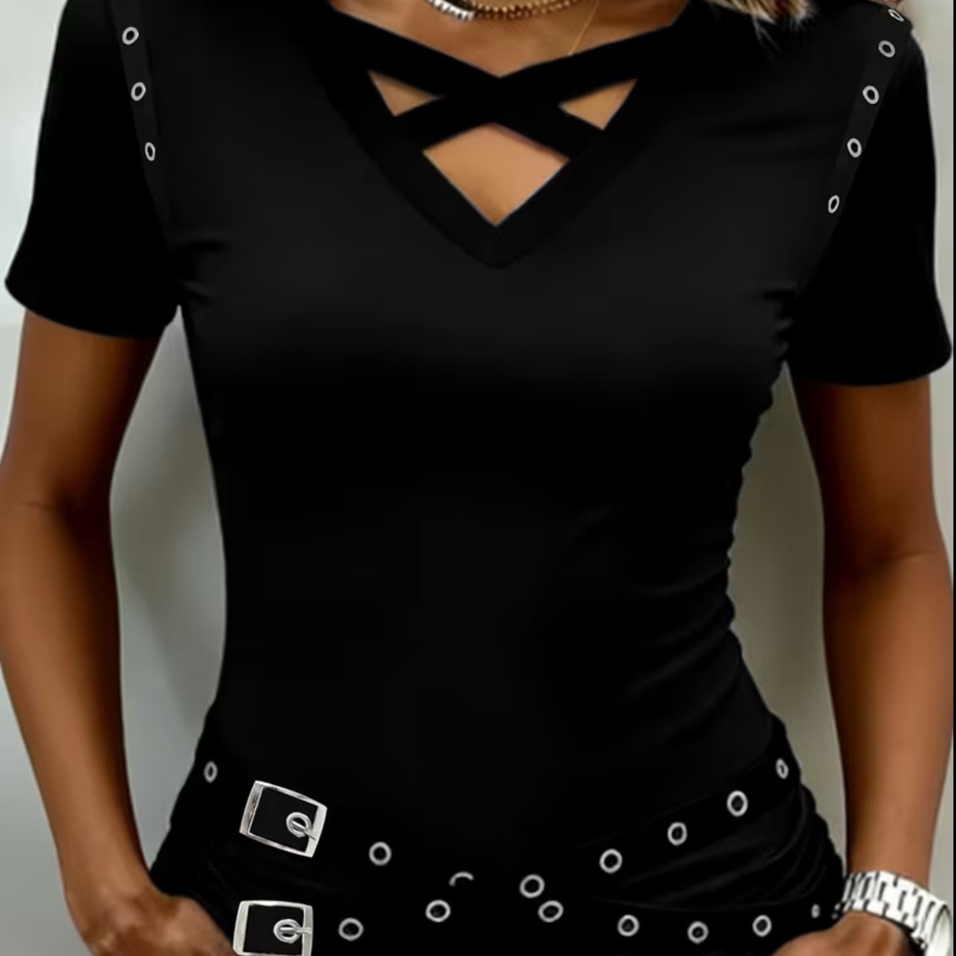 TEMU 2026 Summer New Style, Fashion Casual Gothic Style Women's Short Sleeve Top, Cross-strap Tight T-shirt