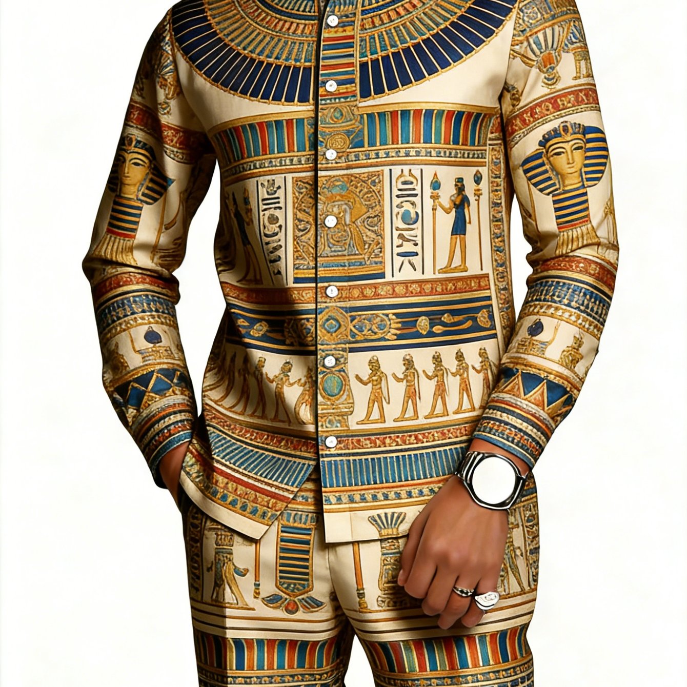 TEMU 2pcs Men's Stand Collar Set - /geometric Pattern Long-sleeve Outfit | Formal/casual Traditional Clothing, Men's Casual Set, For Men