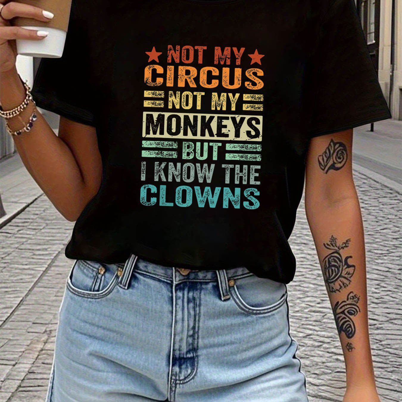 TEMU Plus Size, Women's Plus Size Funny Slogan T-shirt "not Not My Monkeys" Letter Print Crew Neck Short Sleeve Blouse-compatible Top For Spring