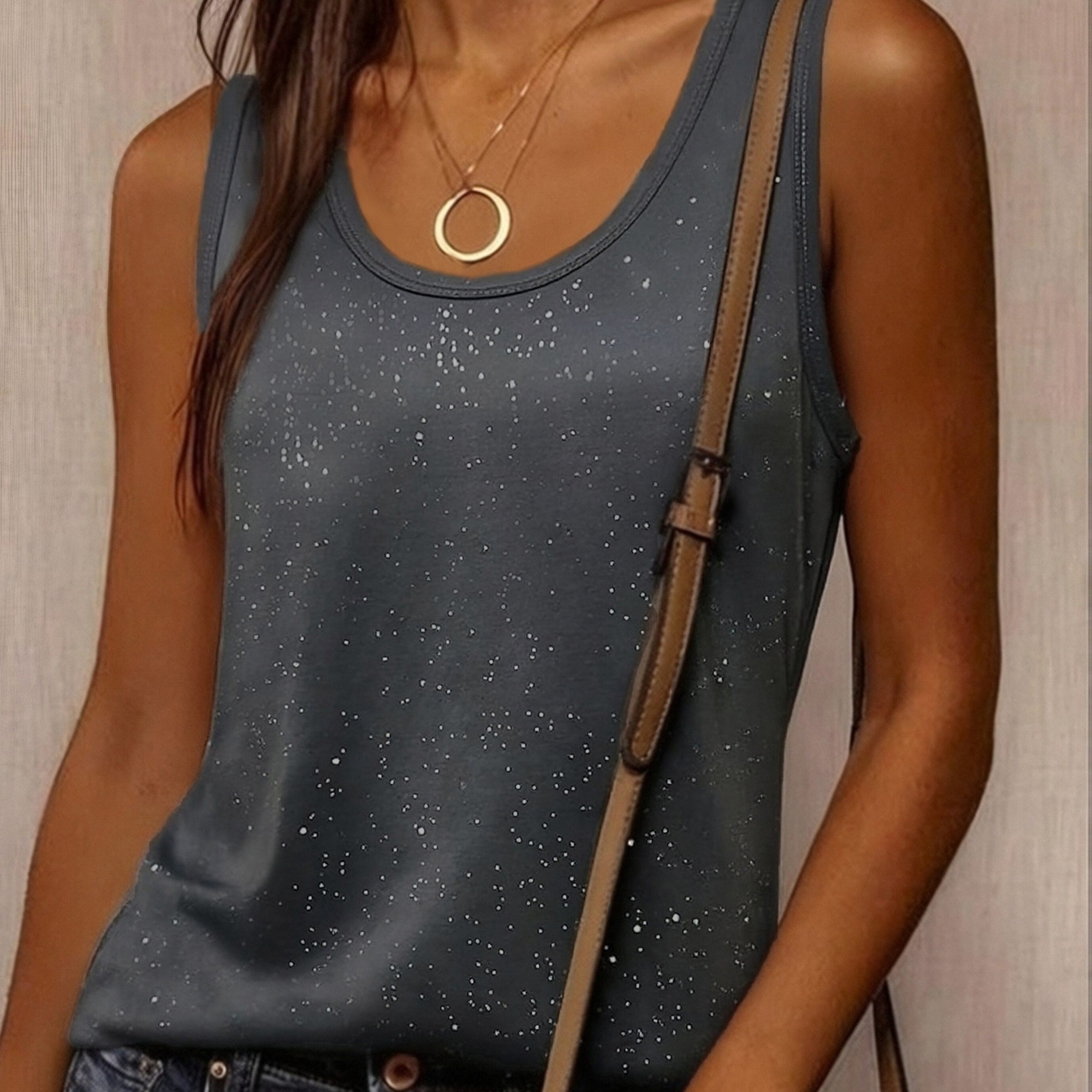 E-shop Damenmode, elegante und lässige Weste - Neuer Frühlingsstil mit dunkelgrauem Hintergrund, bedeckt mit feinem Glitzer, V-Ausschnitt zur Betonung