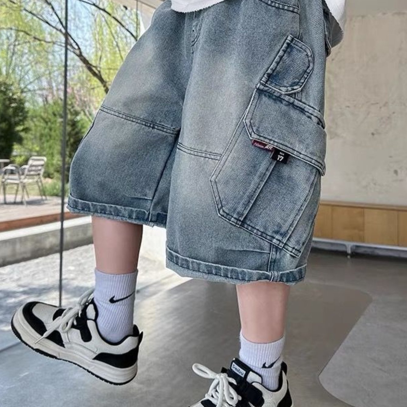 Boys Cargo Denim Shorts 5-15 Years 120-170cm Summer Multi Pocket Loose Fit Casual Pants