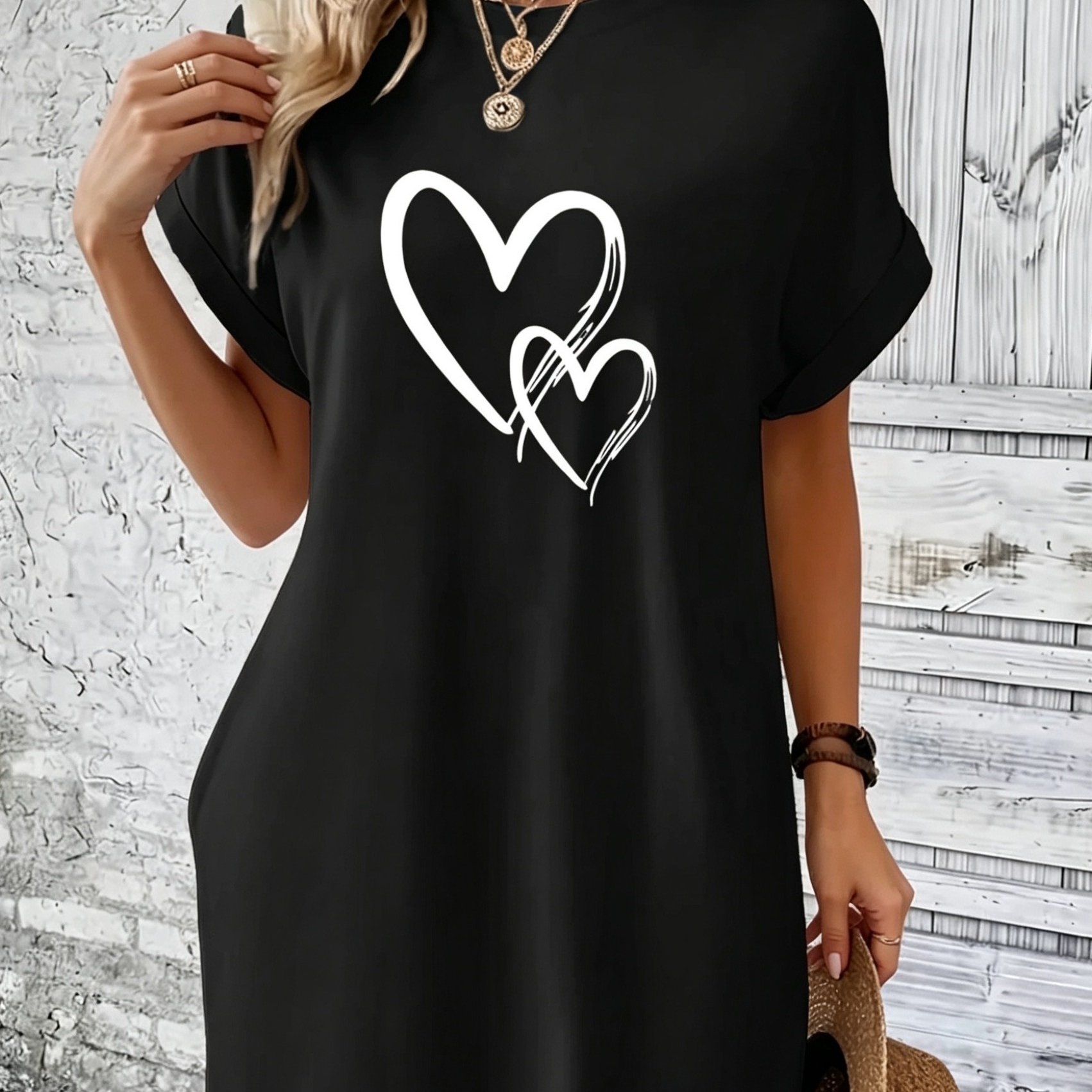 Image of Valentine's -dimensional Peach Heart Print Short-sleeved Nightdress Sleeved Home & Out 2 Wear Nightdress
