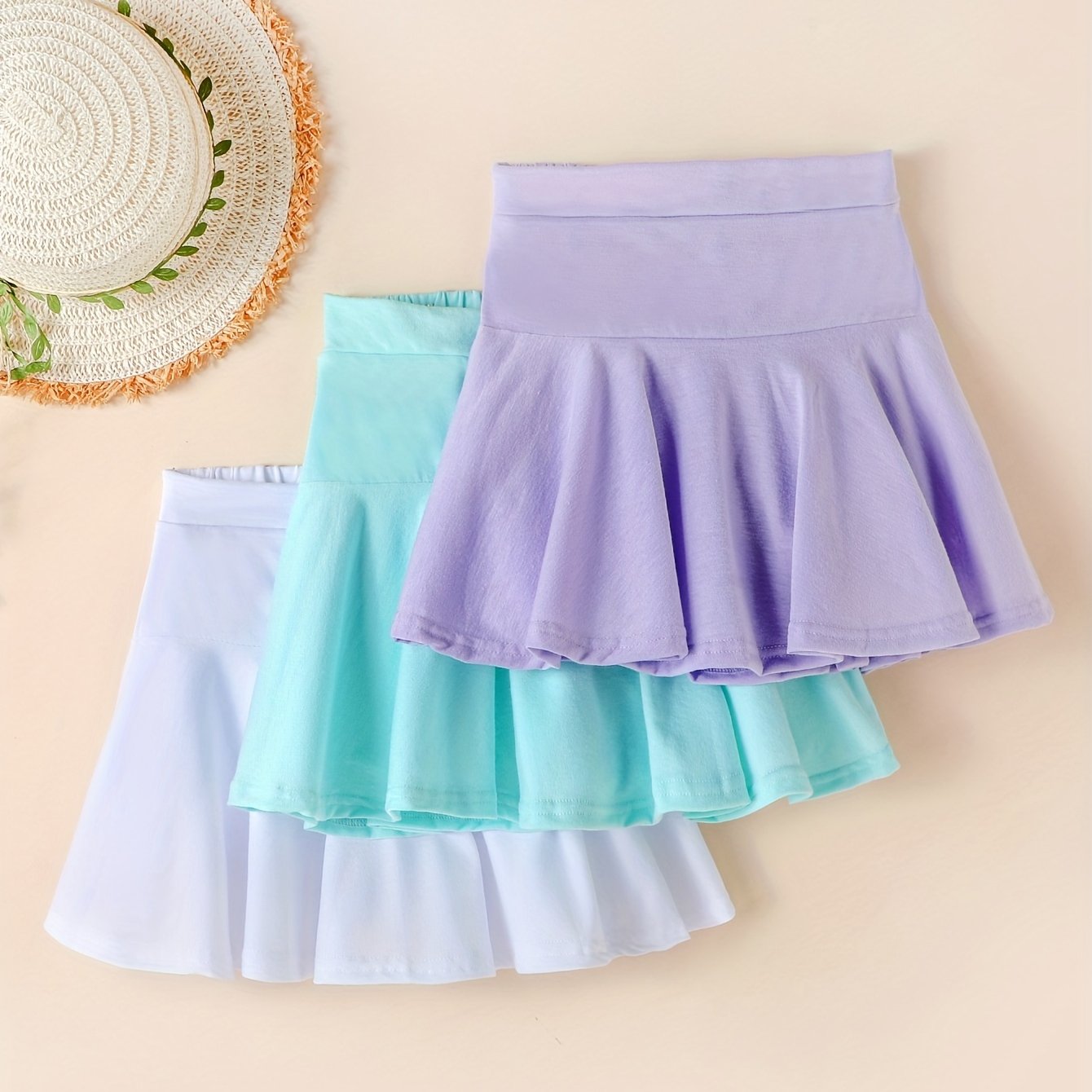 Image of 3-pack Girls' Summer Fashion Solid Color Pleated Beach Skirts, Knit Fabric Culottes With High Stretch, Regular Fit Polyester Skirts For Performance And Play