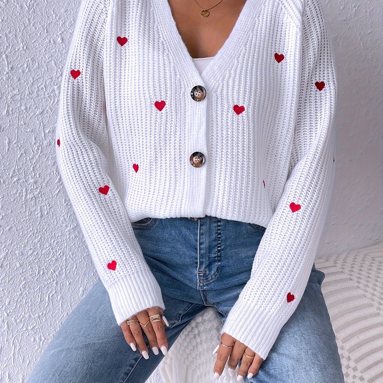 Heart Pattern Button V-neck Cardigan, Valentine's Day Raglan Sleeve Knit  Outwear, Women's Clothing