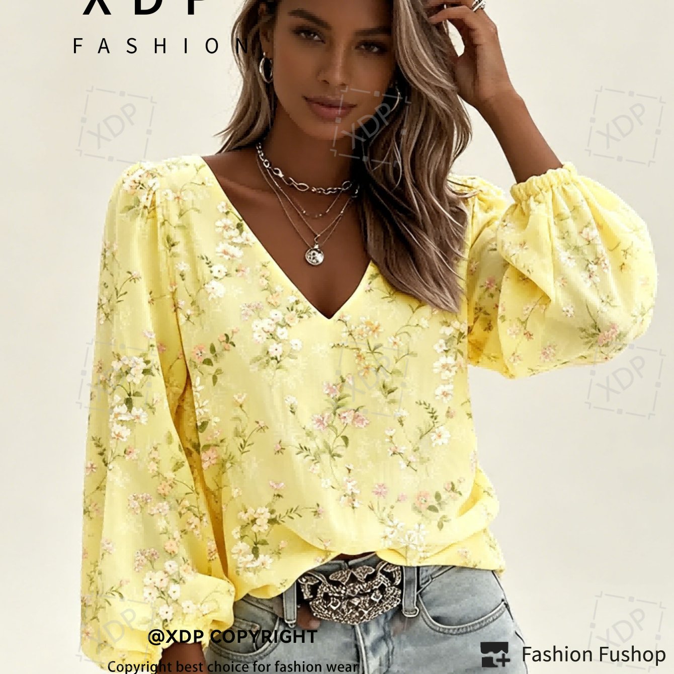 TEMU 2d Flat Print Retro Western Style Shirt| V-neck Women's Long-sleeved Top With Colorful Small Floral Print, Bohemian Style Lantern Sleeve Design,