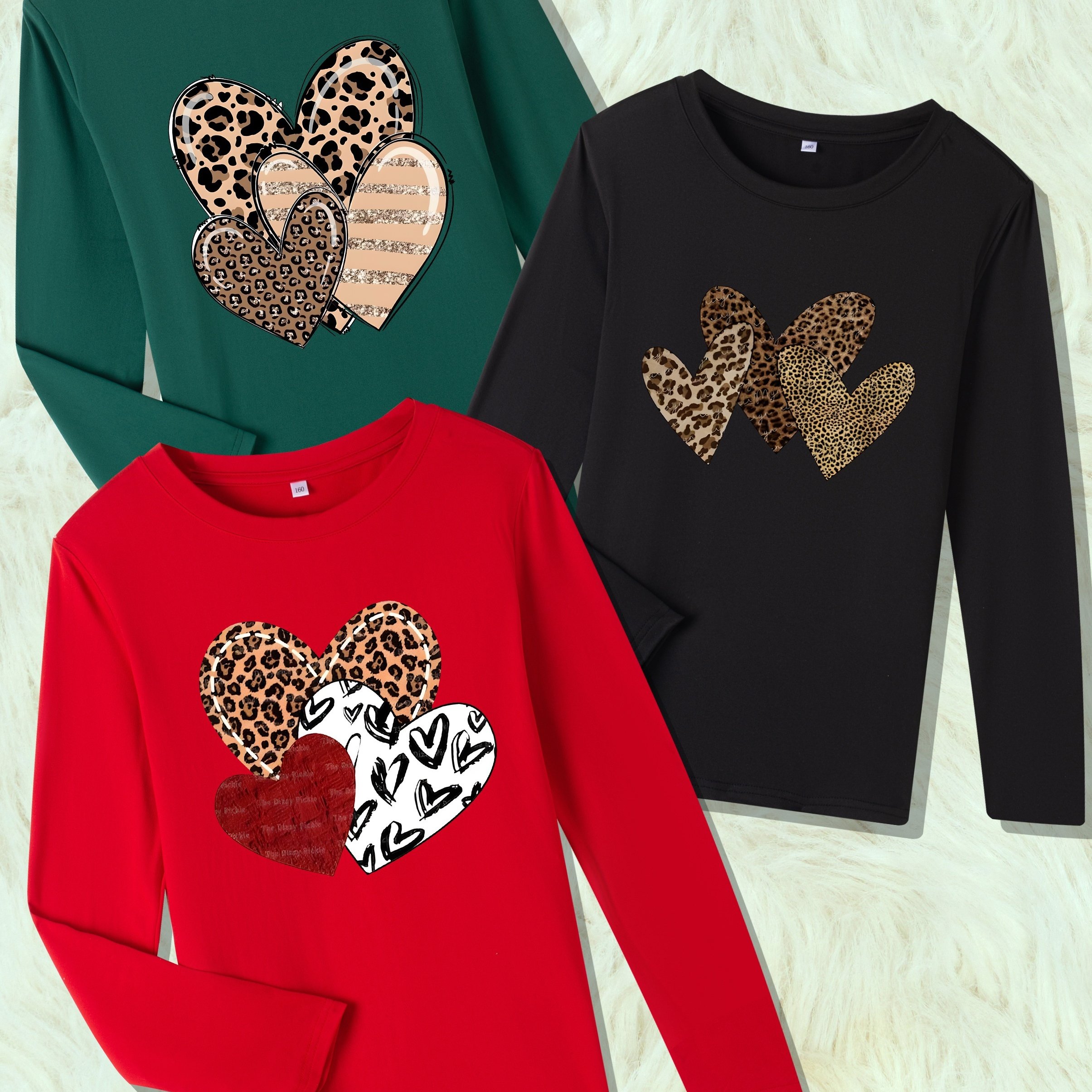 Image of Multi-pack 3pcs Set, Unisex Fashion Casual Long Sleeve Base Layer T-shirt, Trendy Heart-shaped Print, Soft And Comfortable Skin-friendly