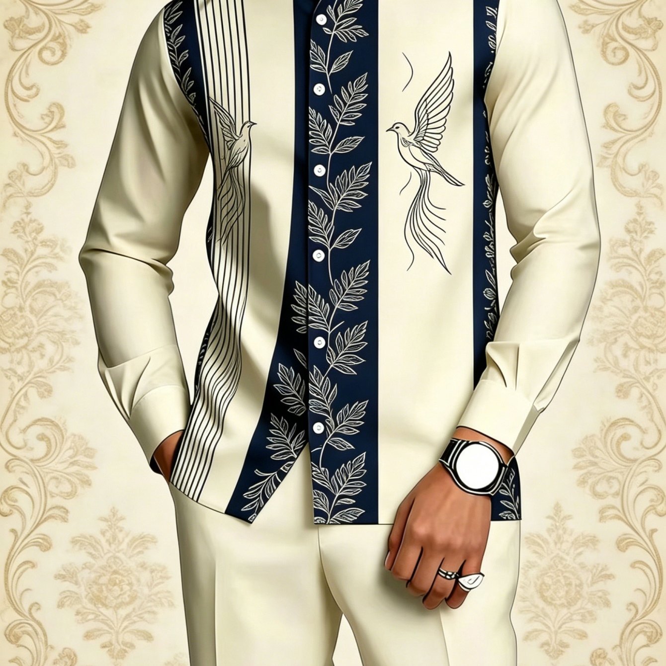 TEMU Collar Men's Shirt Set With Bird And Foliage Print Design, Light Business Fashion 2pcs Men's Outfit