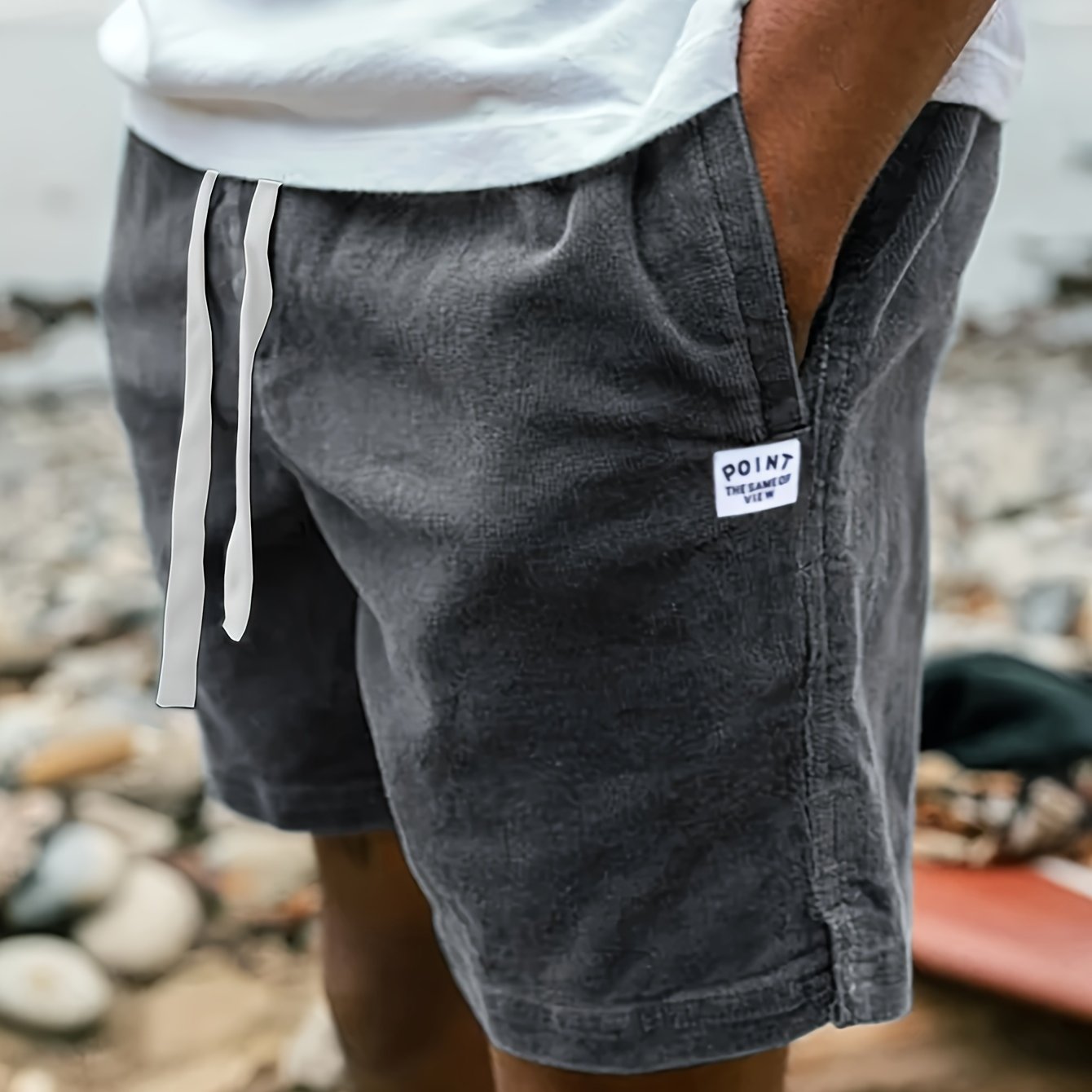 TEMU Men's Label Patched Corduroy Shorts With Drawstrings, Casual Stylish Versatile Shorts For Summer Outdoors