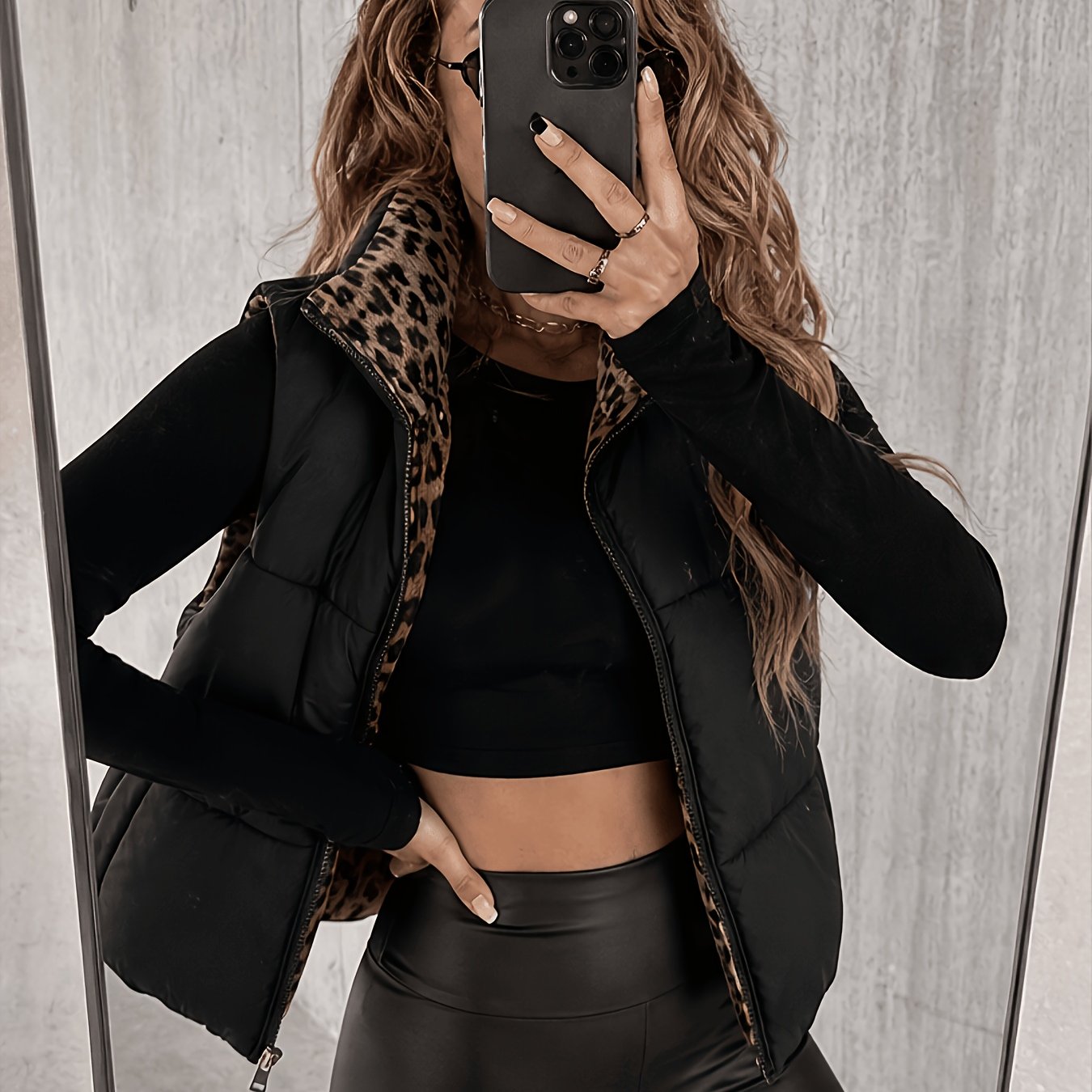 TEMU 2026 Autumn Winter Women's Elegant Leopard Print Sleeveless Vest - Short Length Stand Collar With Zipper Front And Pockets, Machine Washable