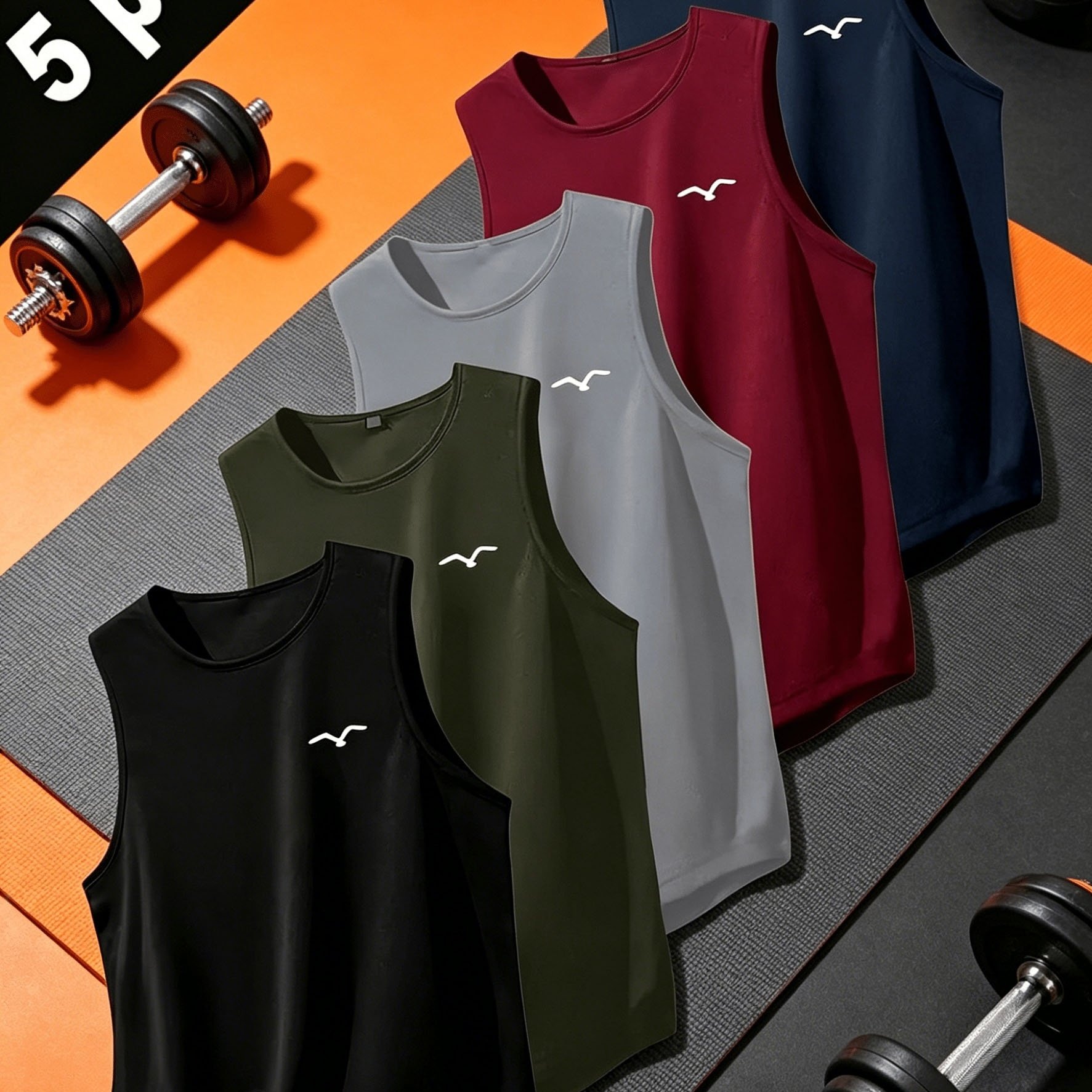 TEMU 5pcs Men's Quick-dry Sleeveless Tank Tops - Breathable Moisture-wicking Fabric, Round Neck Summer Workout Shirts For Gym, Running, Basketball &