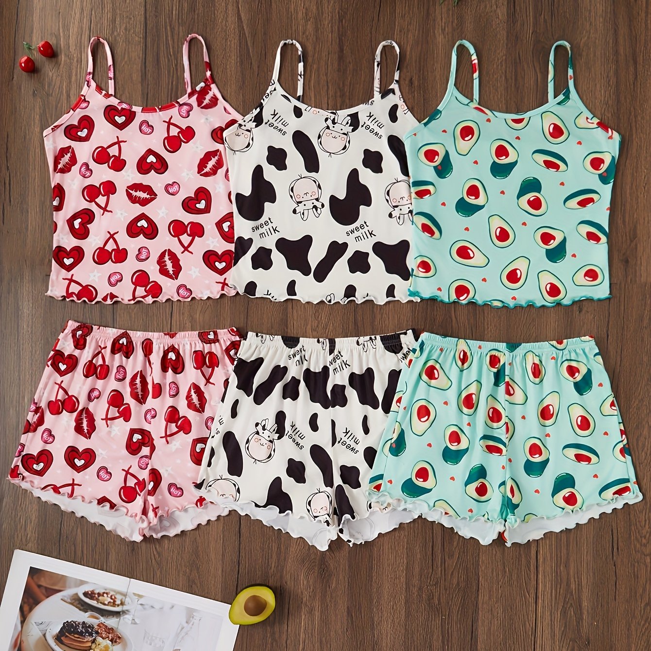 TEMU 3pcs Conjunto de Pijama para Mujer - Camisón de Estampado Completo con Camiseta de Dormir y Shorts | Conjunto de Pijama de 3 Piezas para Todas |