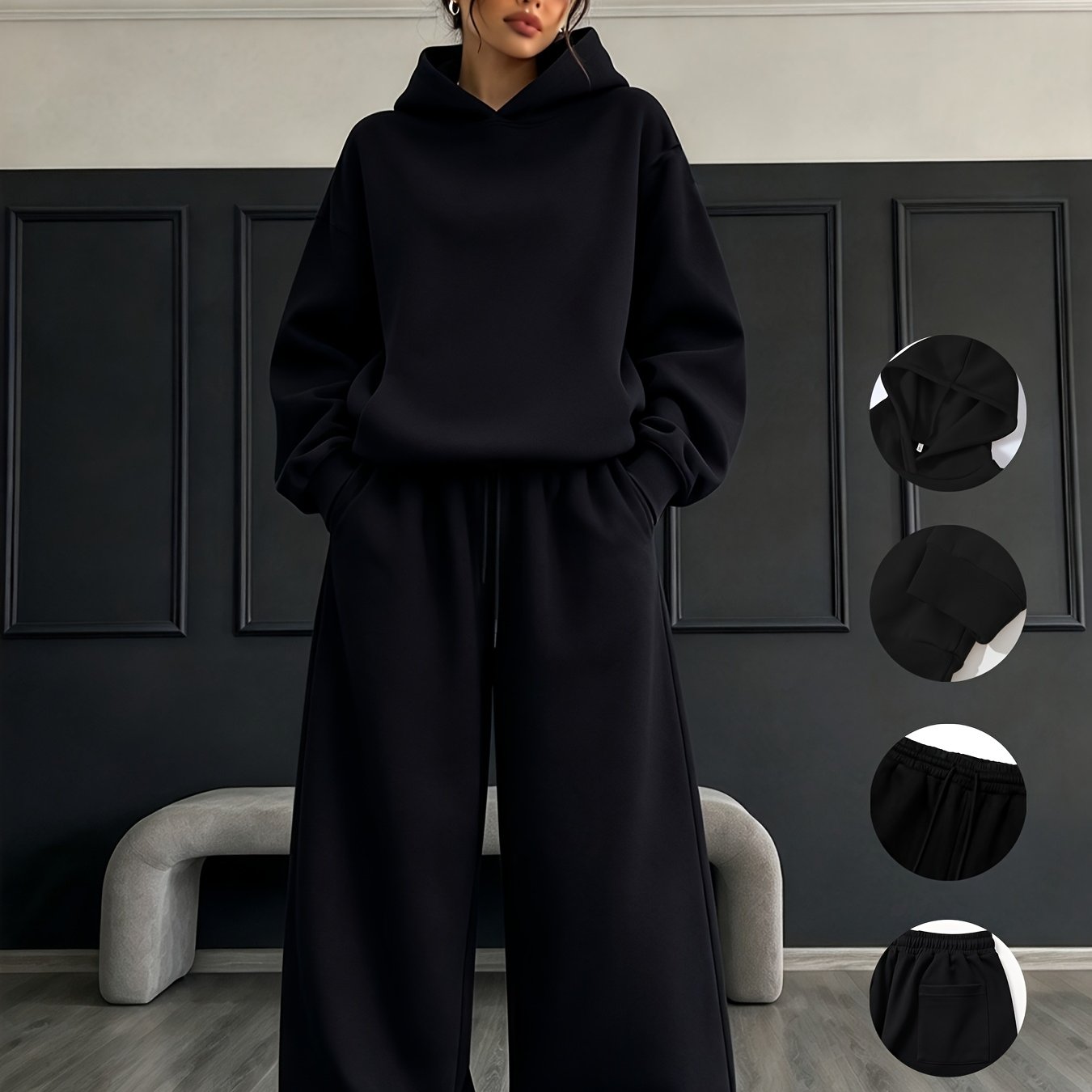 TEMU Women' Color 2pcs Hooded Sweatshirt Set, Featuring A Minimalist Clean-cut Hooded Sweatshirt With Wide-leg Pants. This Casual Loose-fit
