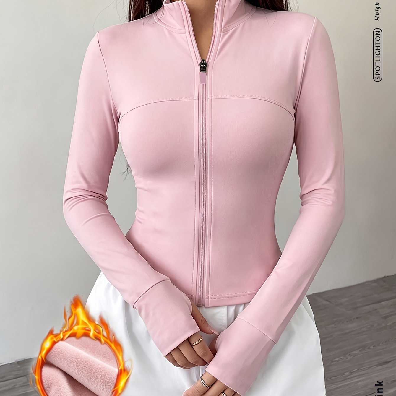 TEMU Chaqueta deportiva corta para mujer con forro polar, cuello y cremallera completa, chaqueta atlética ajustada y de larga y corte slim. Altura de