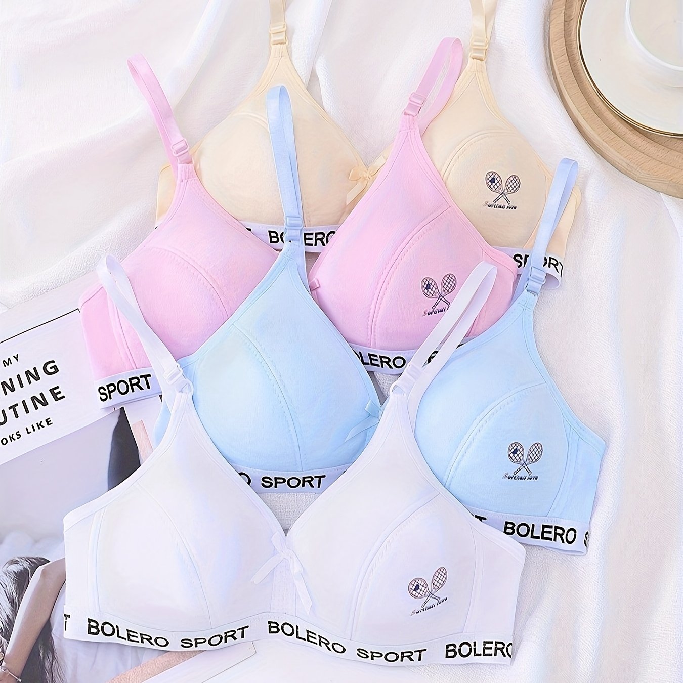 Image of 4pcs Cute Printed Decorative Training Bras For Girls Aged 11-14, Soft Bamboo Rayon Blend, Machine Washable, , For Teenager
