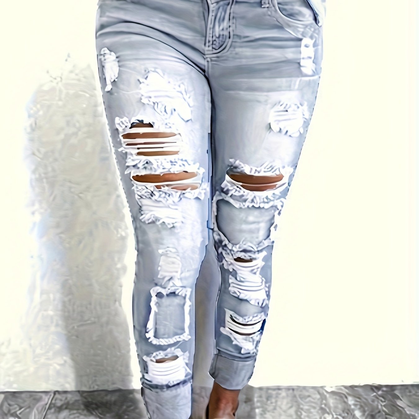 Image of Women's Slim-fit Stretch Denim Jeans With Ripped Design - Light Wash, Distressed Details, For , Ladies Jeans