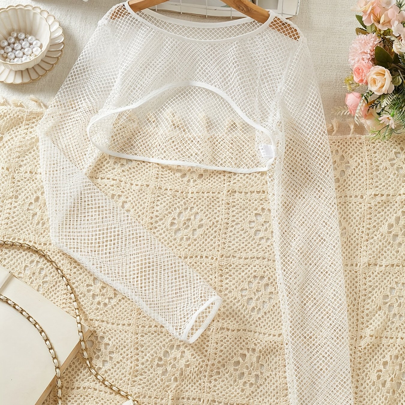 TEMU Ladies' Long Sleeve Mesh Hollow-out Cover-up | Sexy Solid Color, Contrast Mesh Detail, Ideal For Spring/summer/fall