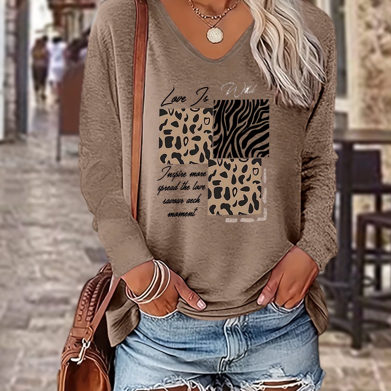 E-shop Leopardenmuster Frühling, Herbst und Winter Damen 100% Populäres Mode V-Ausschnitt Farbiges Langarmshirt, Streetstyle, Freizeitkleidung,