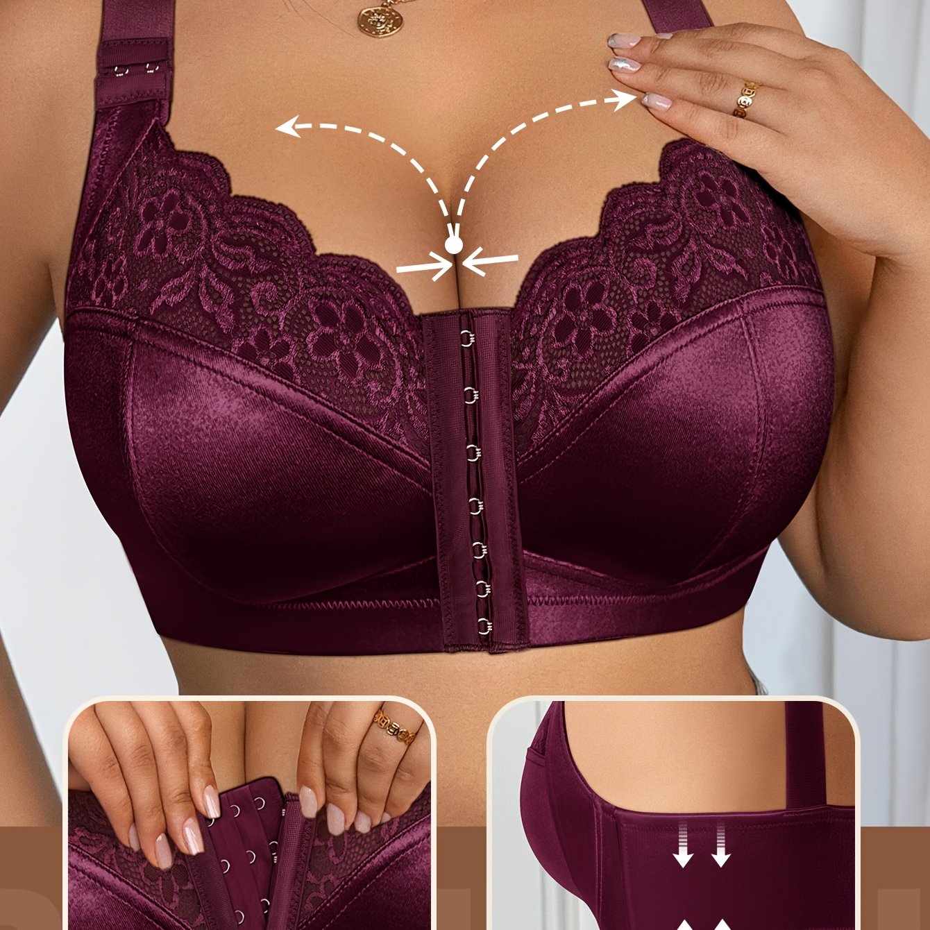 Women's Bra, Women's Underwear, Full Coverage, Full Enclosure, Front Closure Bra, Plus Size Bra, Extra Large & Plus Size, Lace , Adjustable Shoulder Strap