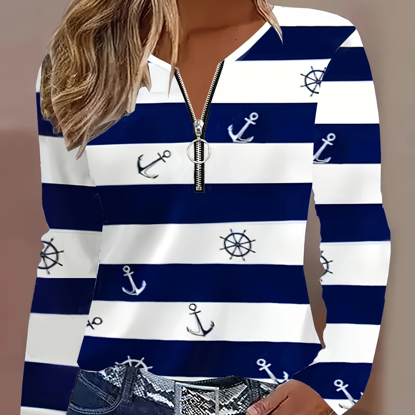 Image of Spring And Autumn Women's Fashion Striped Print Long Sleeve T-shirt