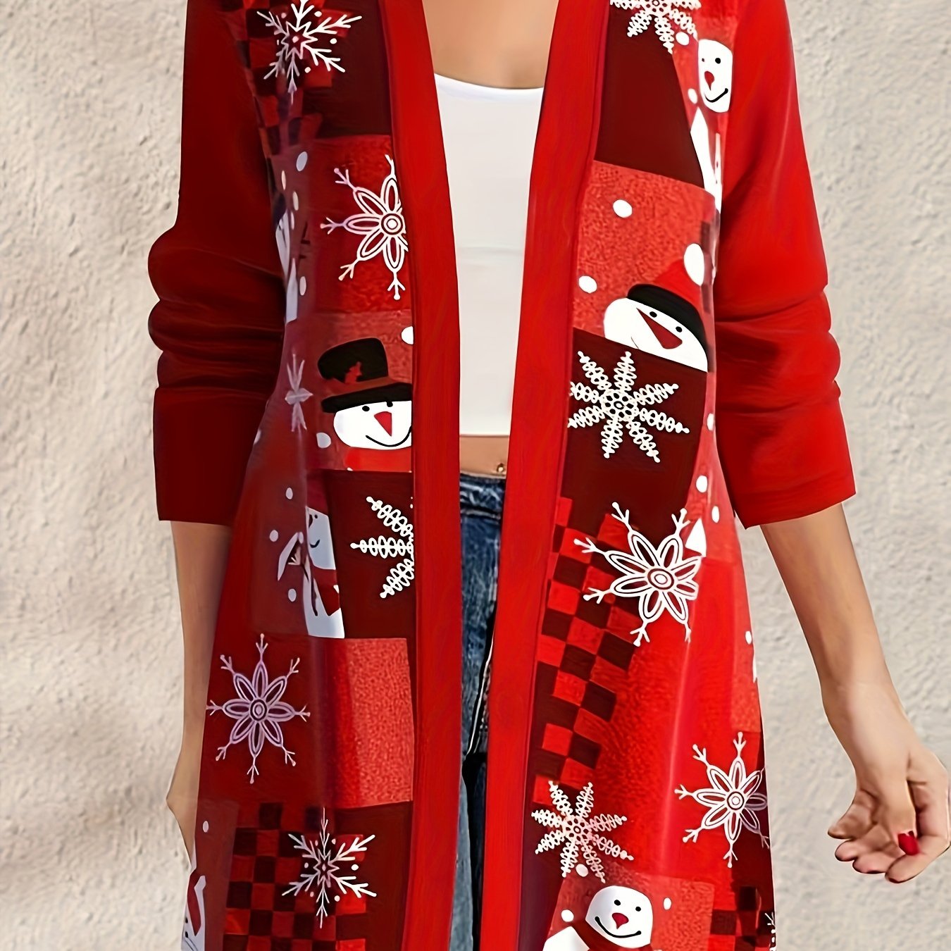 TEMU Plus Size - Plus Size - Rainwood Plus Size Kerstpatroon Casual Vest, Dames Plus Size Kerstgeruit Sneeuwpop Sneeuwvlok Print Lange Mouw Open Vest