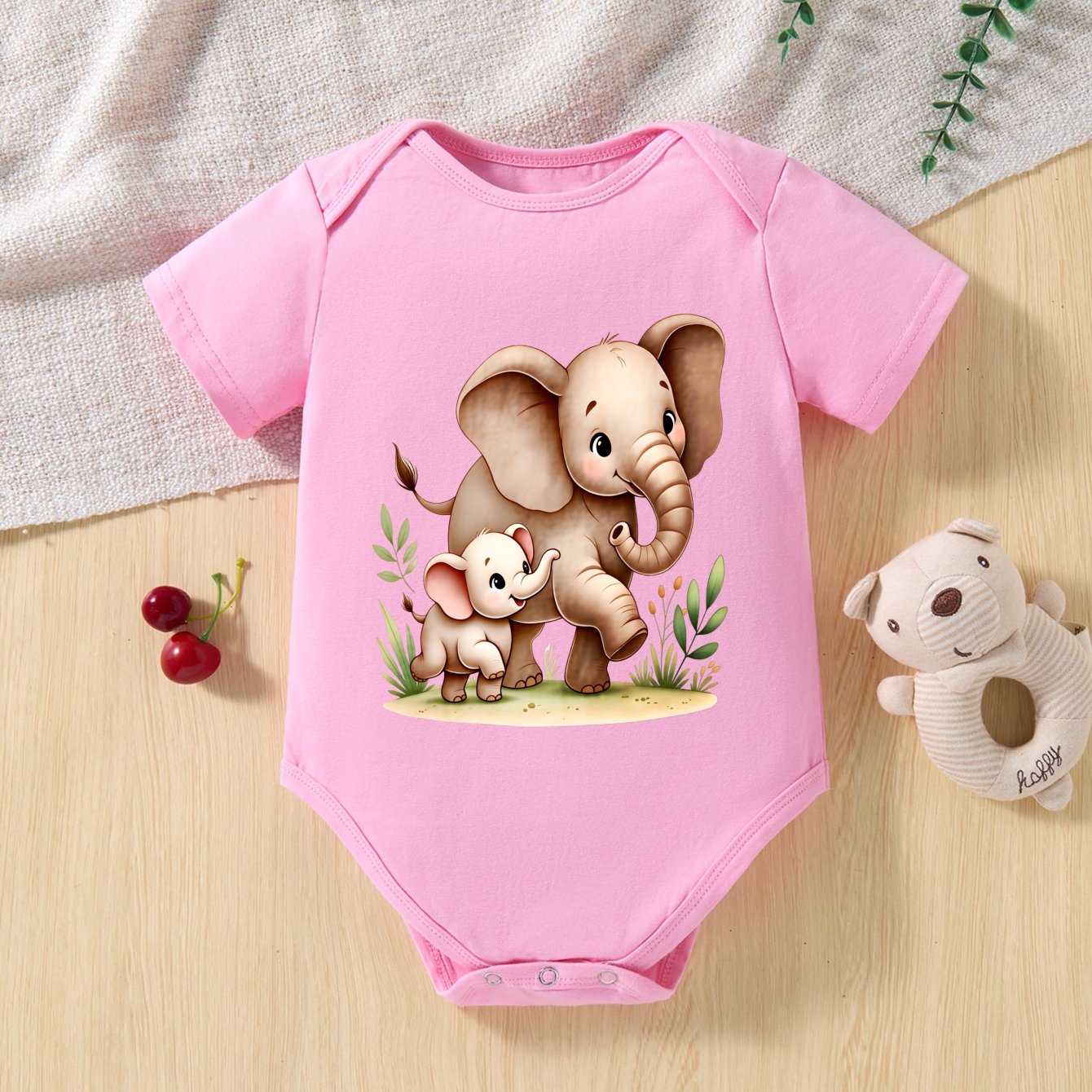 Image of Baby Onesie Short Sleeve Elephant And Baby Elephant Print For Outdoor Activities Unisex Breathable Comfortable Pure