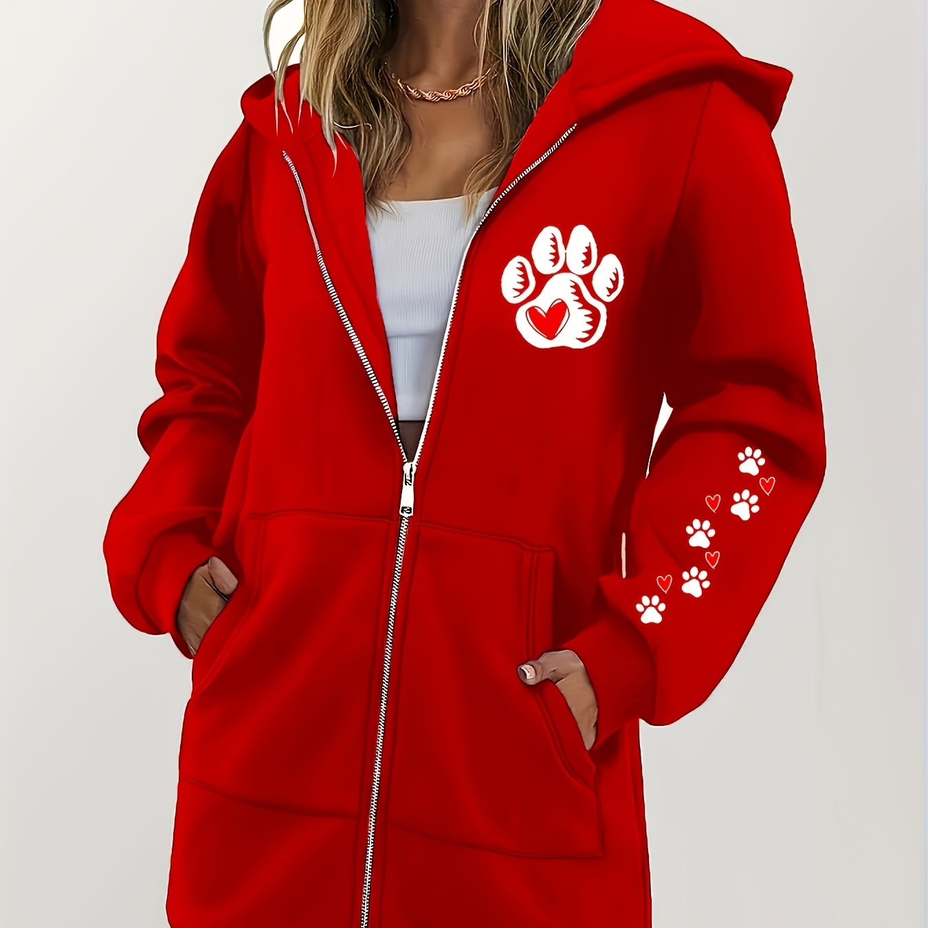 TEMU Long Length Hooded Sweatshirt Jacket Women's Fall Winter Thick Fleece Printed Hoodie Women's Wear Versatile Loose Casual Top Long Sleeve Zipper