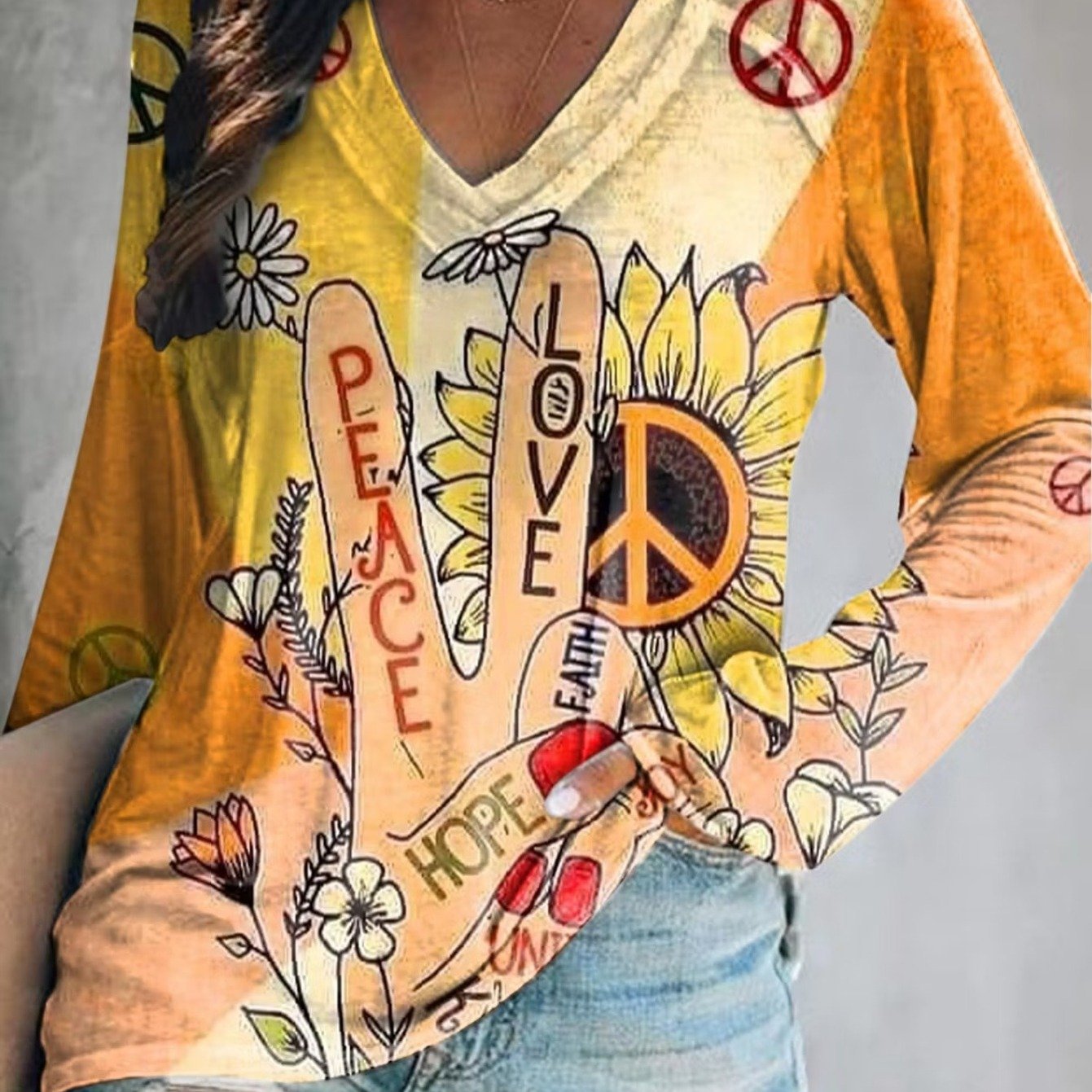 TEMU Women's 3d Printed Pattern T-shirt, Vintage Bohemian Style Peace Sign, Heart And Sunflower Print Long Sleeve V-neck Top, Retro Hippie Style,