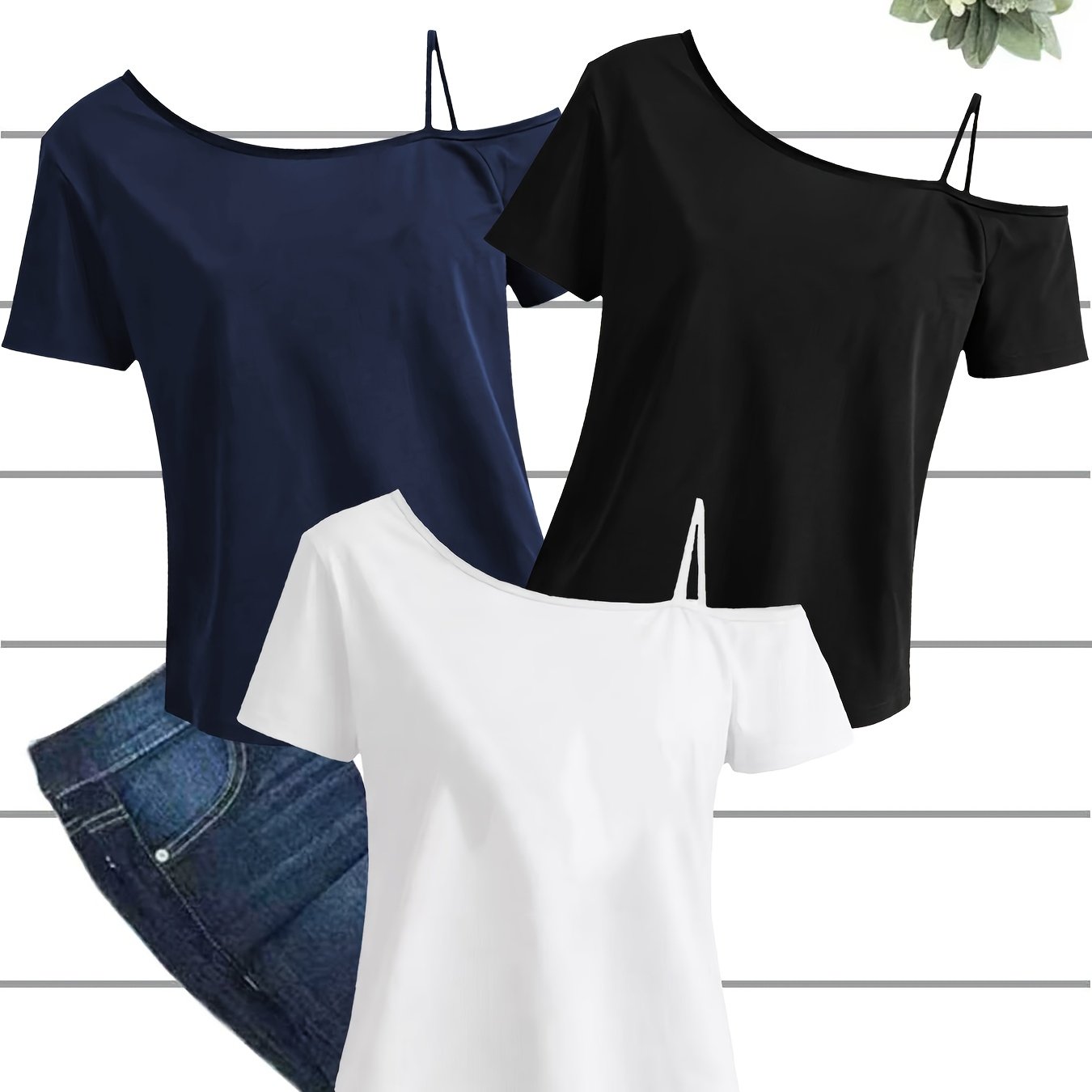 TEMU 3pcs Women's Off-shoulder Single Strap T-shirts - Soft Breathable Short Sleeve With Asymmetric Neckline, Solid Color Casual Suitable For - Wear,