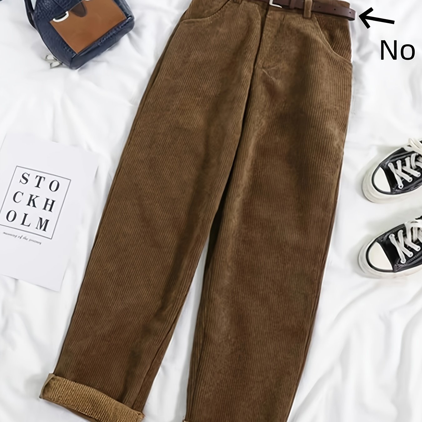 TEMU Women's Corduroy Pants, High-waist Autumn Retro Korean Style Casual Straight Leg Trousers, Elegant Belt Loose Street Style Asd1