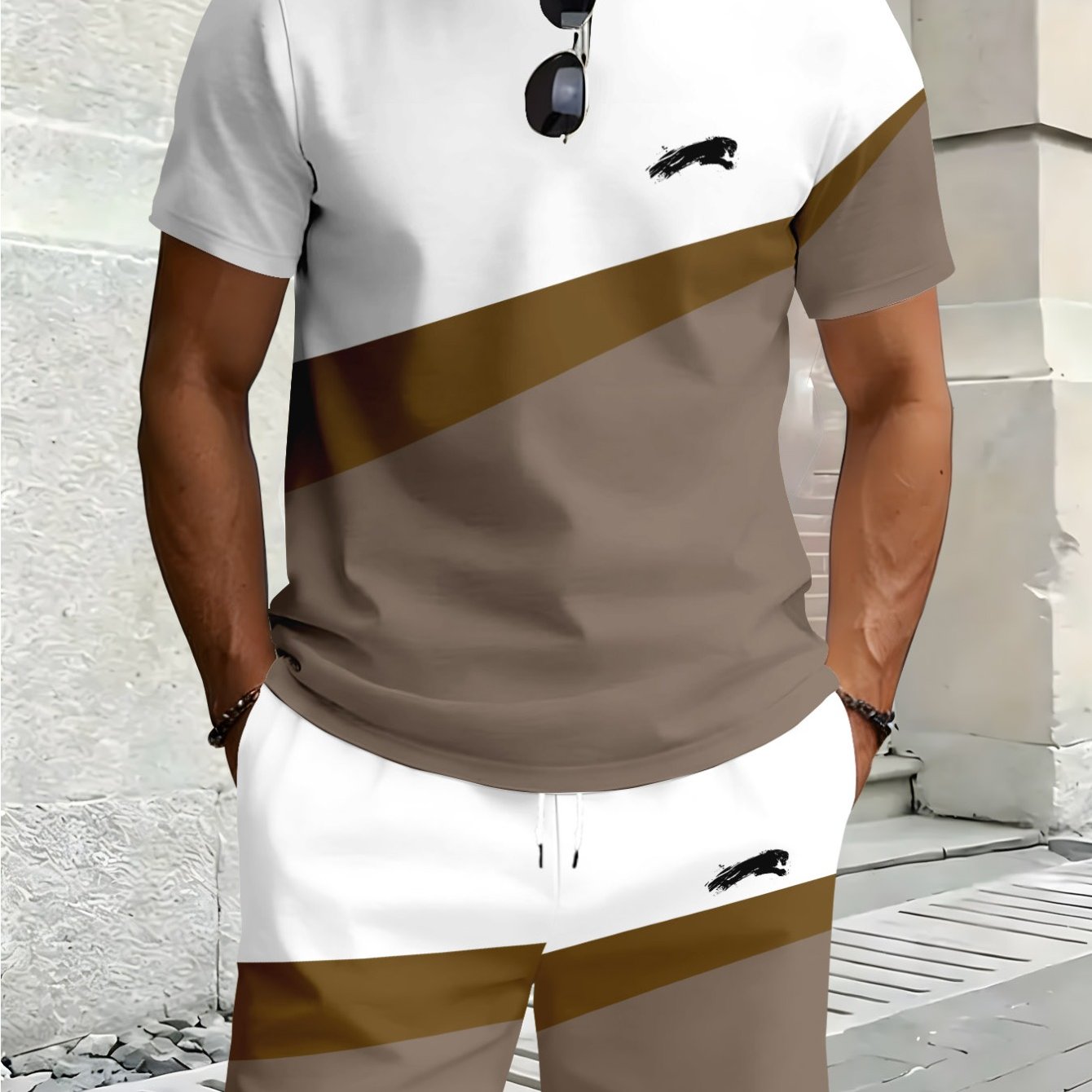 TEMU 2026 Summer 's Sportswear Set, Color-block Diagonal Stripe Print Short-sleeve And Shorts 2pcs Set, Men's Breathable Quick-dry Sweat-wicking