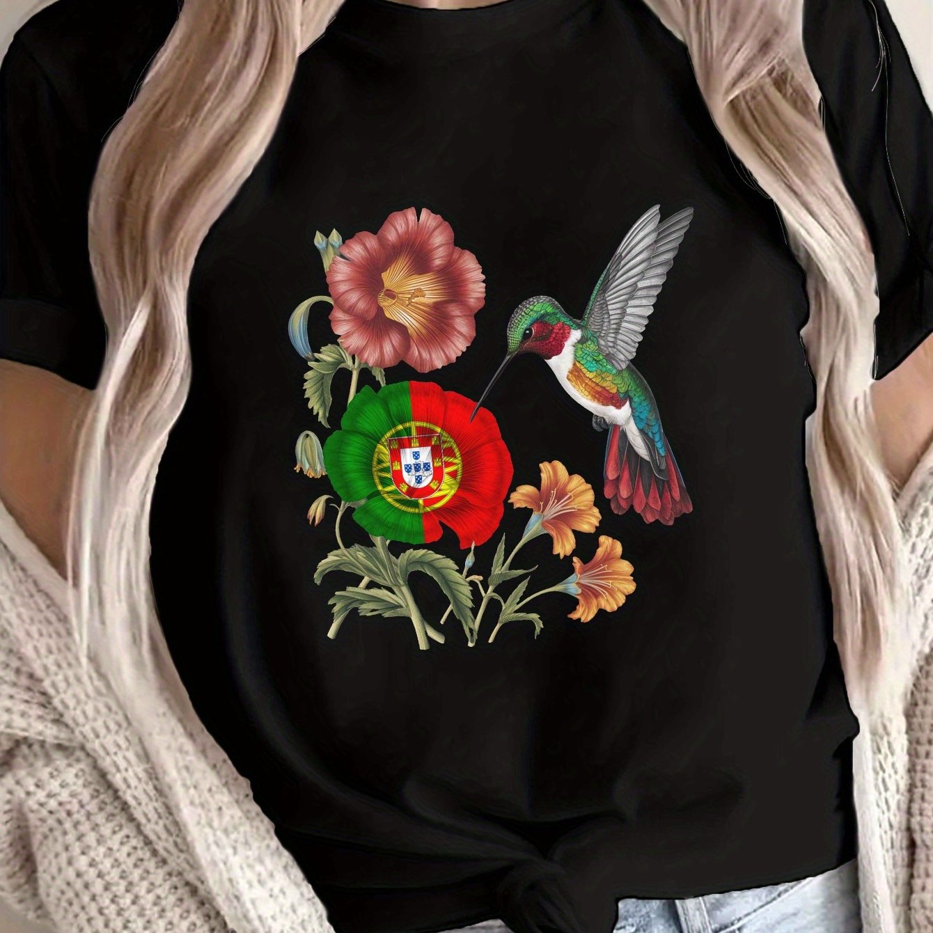 TEMU T-shirt à imprimé Portugal, haut décontracté à manches courtes et col ras du cou pour l'été et , vêtements pour femme