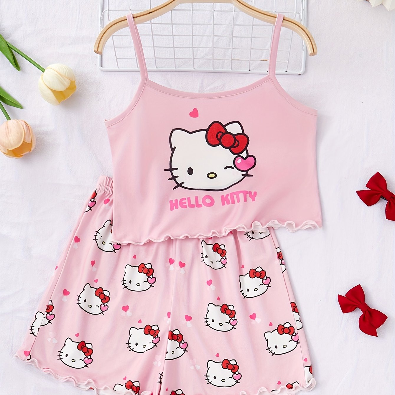 Image of Flame Retardant Girls' Summer Camisole Shorts Cute Pink Hello Kitty Pajama Casual Set