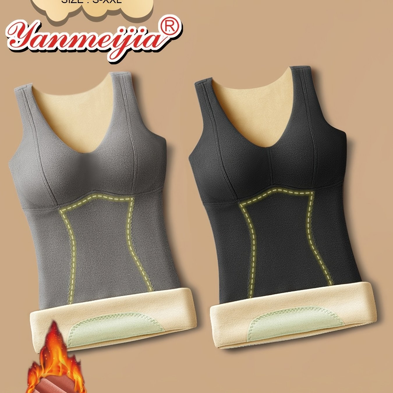 Image of 2pcs Solid Plush Lined Thermal Underwear For Fall & Winter, Round Neck Slim Fit Tank Top, Women's Underwear & Lingerie